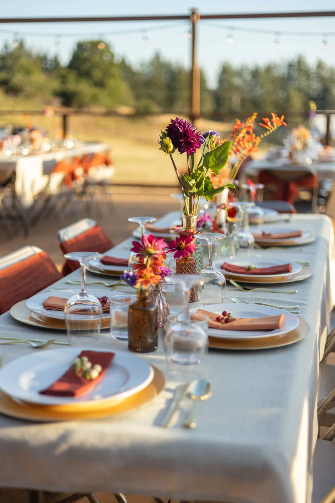 Long table with gold chargers, rust napkins and bud vases